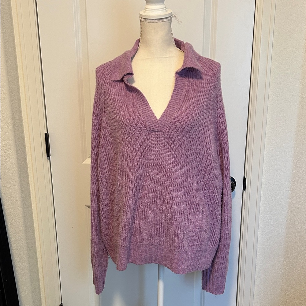 Women’s Oversized V Neck Collared Purple Sweater Size Large Natural Reflections